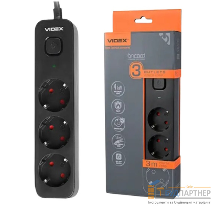 Мережевий подовжувач Videx Oncord 3 розетки 3м з/з 2USB+USB-C з кнопкою (чорний) - купити у Києві у Києві