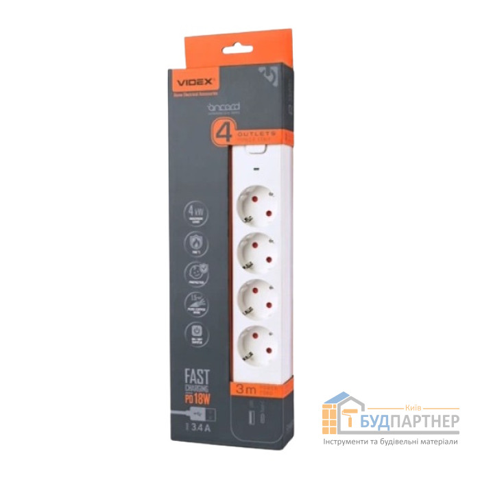 Мережевий подовжувач Videx Oncord 4 розетки 3м з/з USB (QC3.0)+USB-C (PD18W) з кнопкою (білий) - купити у Києві у Києві